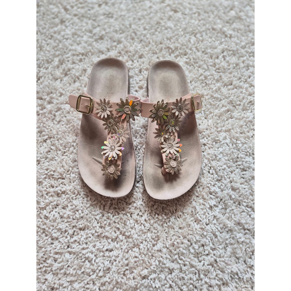 Girls Pink Floral T-Strap Sandals Iridescent 3D Flower Buckle Slides Size 3